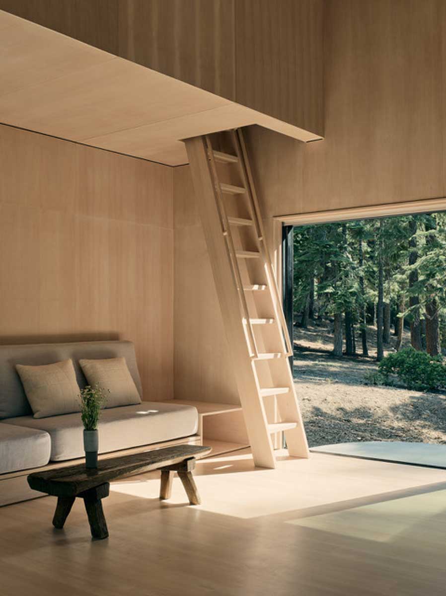 Jednoduché dřevěné schodiště vede do mezonetu nad obývacím prostorem s velkým oknem orientovaným do lesa.