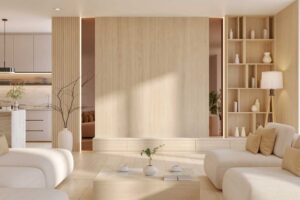 Světlý obývací pokoj s nábytkovou stěnou ukazuje, jak lze televizi a moderní technologie skrýt do interiéru a zachovat klidnou a harmonickou atmosféru.