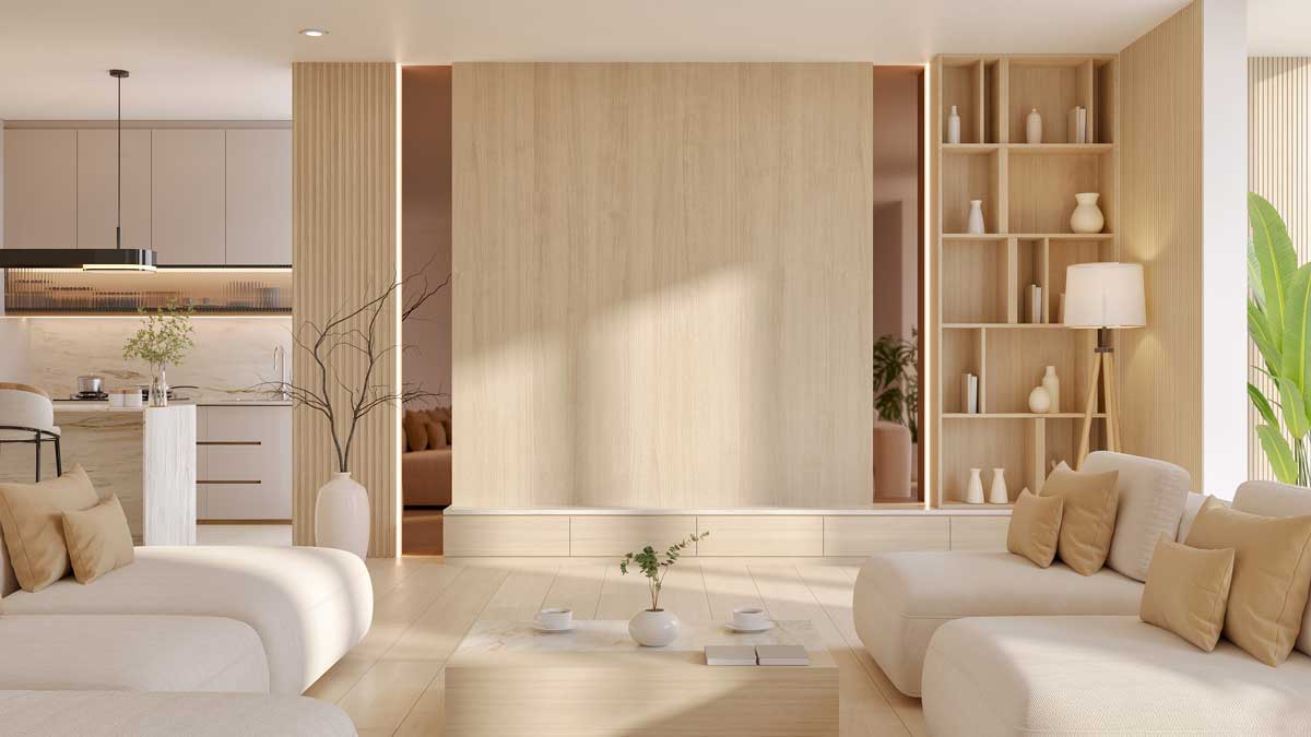 Světlý obývací pokoj s nábytkovou stěnou ukazuje, jak lze televizi a moderní technologie skrýt do interiéru a zachovat klidnou a harmonickou atmosféru.