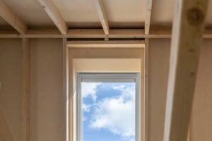 Detail střešního okna v dřevostavbě s přiznanou konstrukcí krovu a dřevěným ostěním