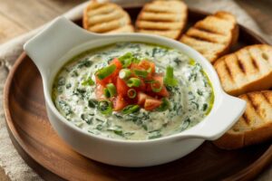 Teplý sýrový dip s krémovou konzistencí podávaný s opečeným pečivem k namáčení