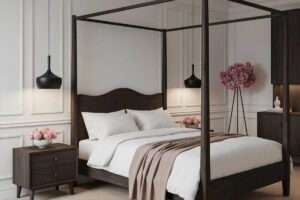 Tmavý dřevěný nábytek v ložnici působí elegantně a útulně, ale vyžaduje pečlivější údržbu kvůli viditelnému prachu.