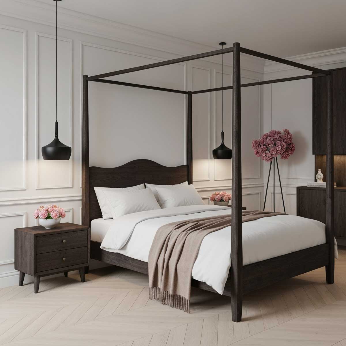 Tmavý dřevěný nábytek v ložnici působí elegantně a útulně, ale vyžaduje pečlivější údržbu kvůli viditelnému prachu.