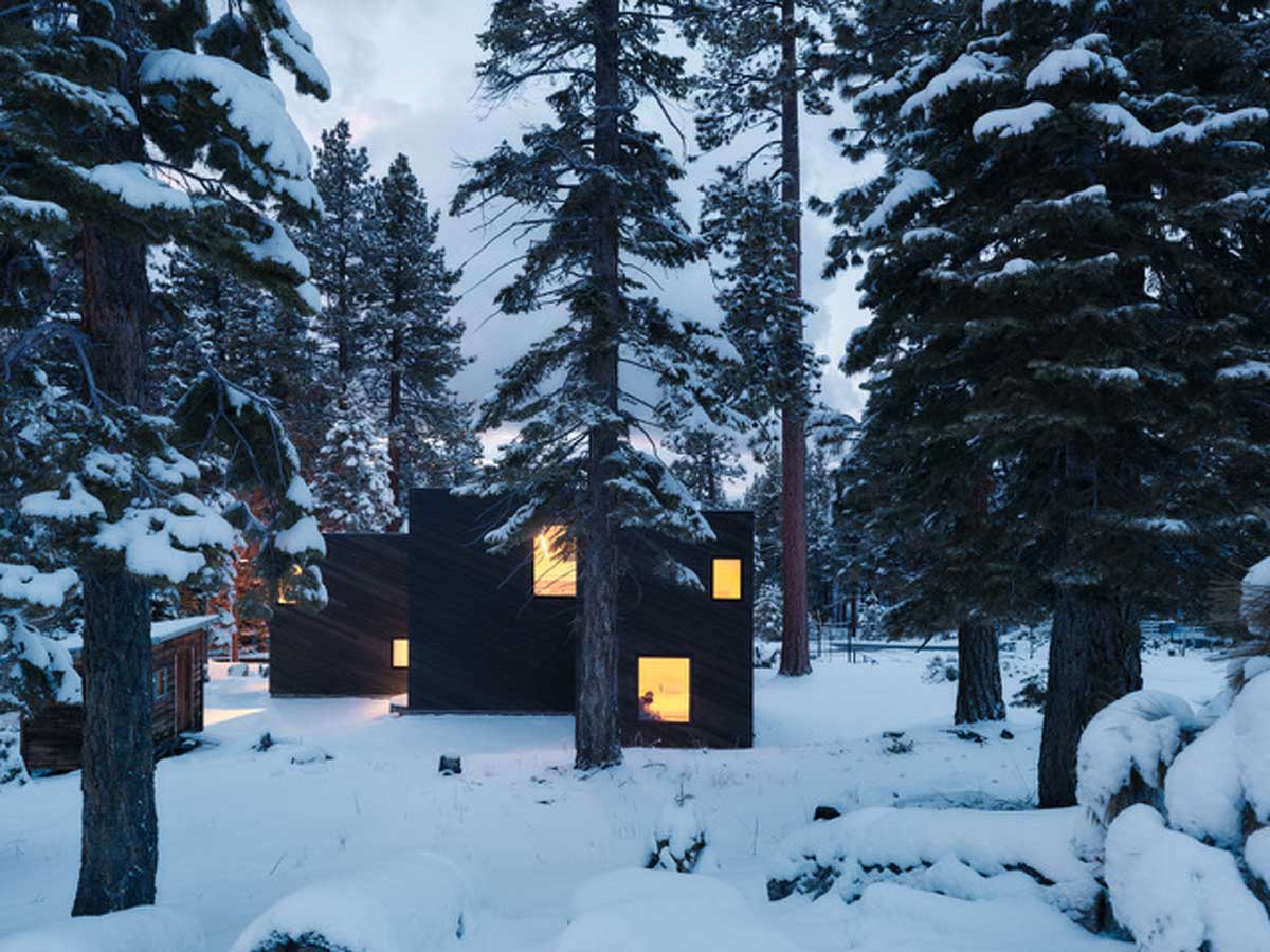 Chata s osvětlenými okny působí v zimním lese jako klidné a teplé útočiště.