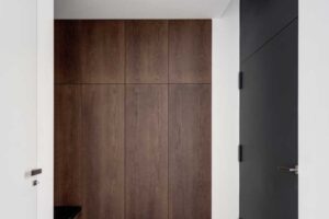 Minimalistická vstupní hala s vestavěnou dřevěnou skříní a tmavými interiérovými dveřmi.