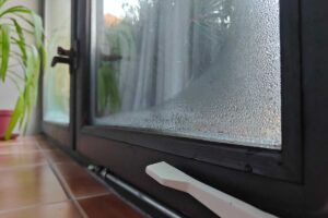 Kondenzace vody na skle zimní zahrady způsobená rozdílem teplot mezi interiérem a mrazivým venkovním vzduchem.