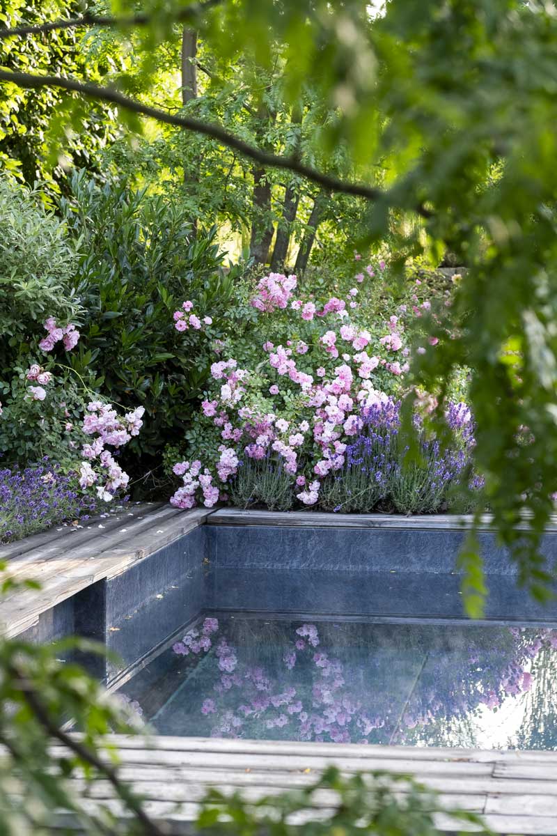 Zahrada s kvetoucími keři a přírodním jezírkem jako klidné místo pro zpomalení a odpočinek