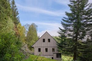 Chalupa u lesa s výhledem na okolní zeleň a přírodní terén