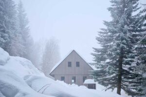 Chalupa ve svahu obklopená sněhem a stromy v zimní krajině