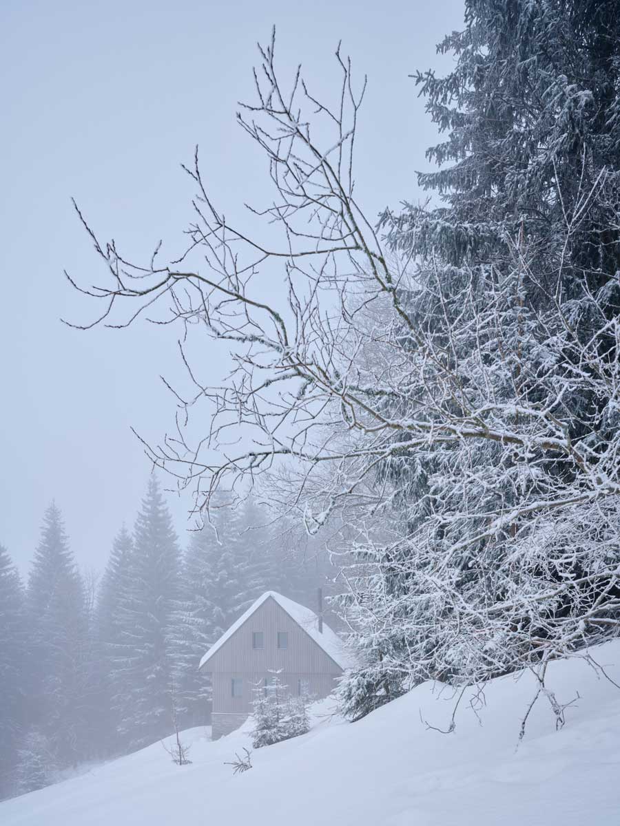 Chalupa v horském prostředí obklopená lesem a mlhou