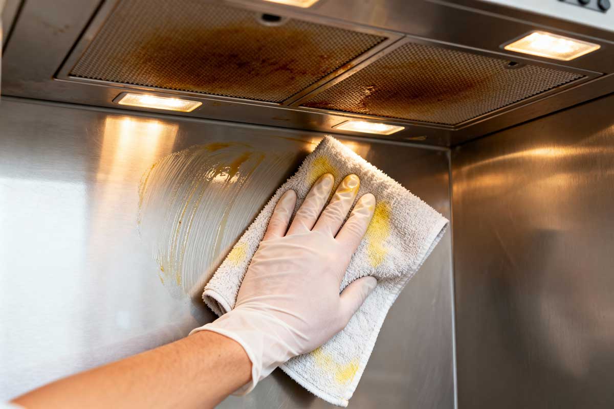 Čištění digestoře od mastnoty pomocí hadříku, která se usazuje na filtrech i povrchu při každodenním vaření