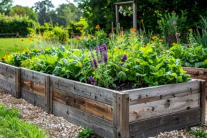Dřevěný vyvýšený záhon plný zeleniny a bylinek na upravené zahradě