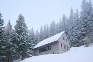 Moderní horská chalupa zasazená do strmého svahu obklopená lesem a sněhem