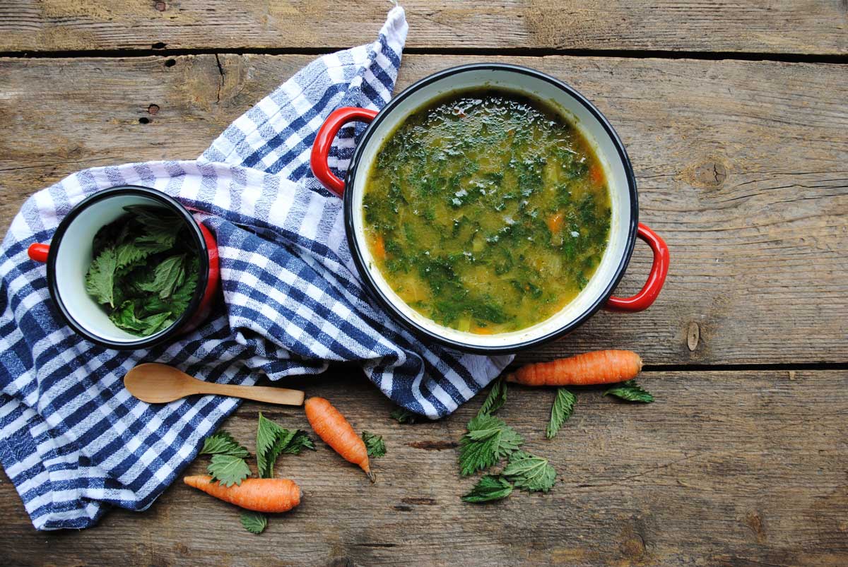 Tradiční kopřivová polévka s bramborami a bylinkami jako zdroj železa a energie.