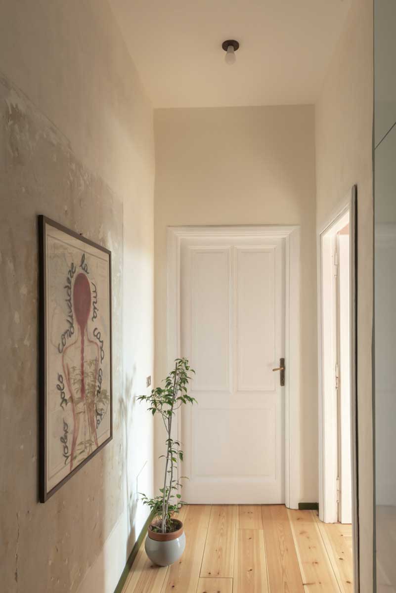 Úzká chodba s dřevěnou podlahou a obrazem na stěně doplněná pokojovou rostlinou.