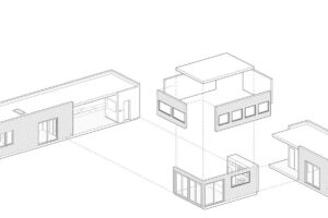 Schéma modulární konstrukce znázorňuje, jak se jednotlivé prefabrikované části skládají do výsledného domu.