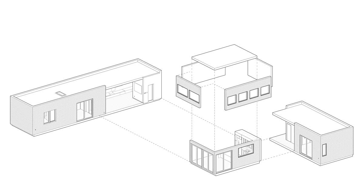 Schéma modulární konstrukce znázorňuje, jak se jednotlivé prefabrikované části skládají do výsledného domu.