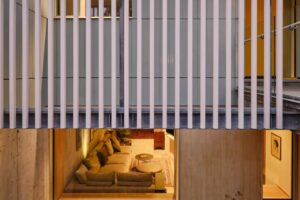 Prosklená fasáda s výhledem do zahrady a propojením obývacího prostoru s exteriérem