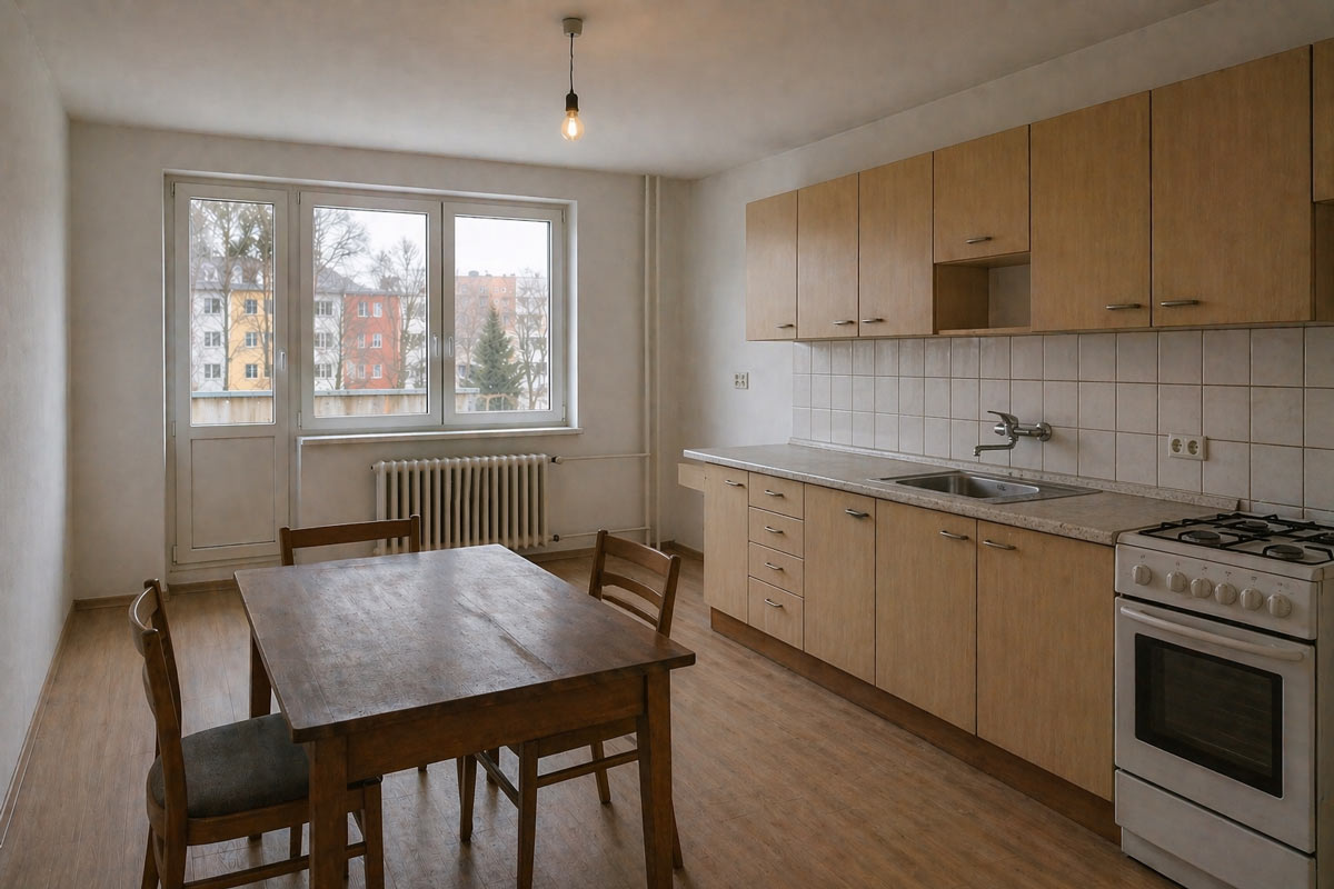 Původní kuchyně ve starším bytě s dřevěnou linkou, jídelním stolem a jednoduchým osvětlením.