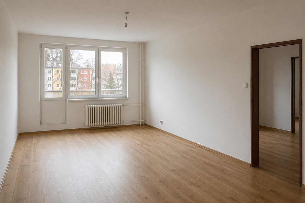 Prázdný obývací pokoj ve starším bytě s laminátovou podlahou, radiátorem a velkým oknem.