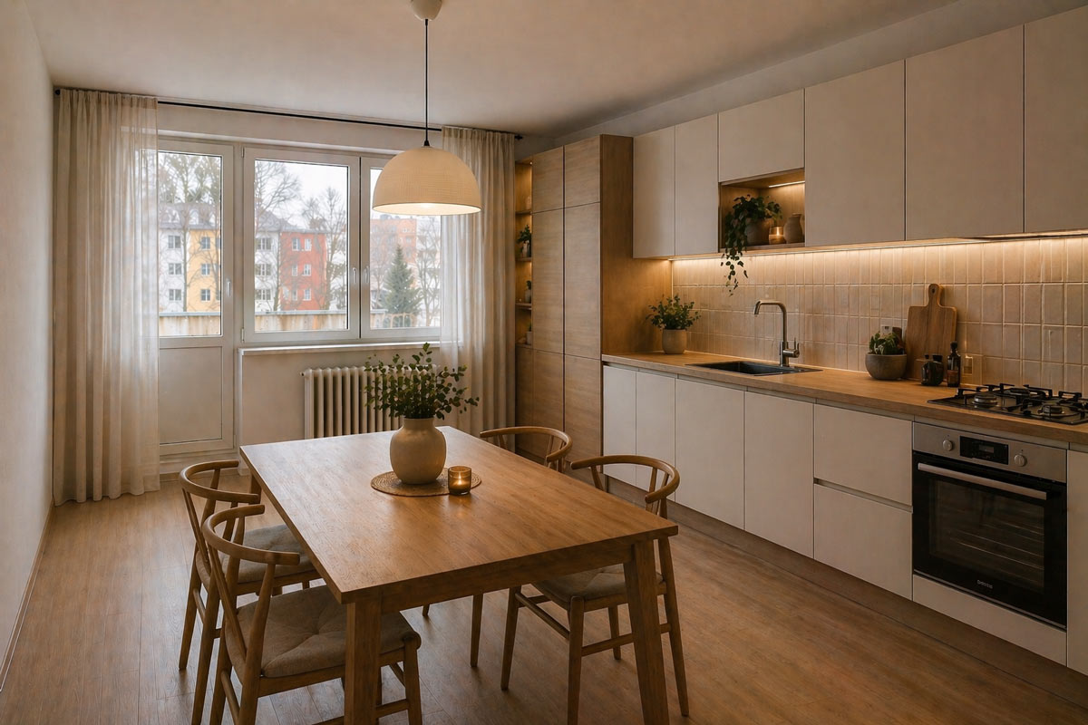 Vizualizace moderní kuchyně s béžovou linkou, dřevěnými detaily a jemným podsvícením pracovní plochy.