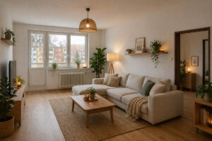 Návrh útulného obývacího pokoje s krémovou sedačkou, dřevěným nábytkem a pokojovými rostlinami.