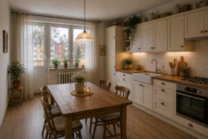 Kuchyně ve stylu cottage core s krémovou linkou, dřevěnou deskou a rustikálním jídelním stolem.