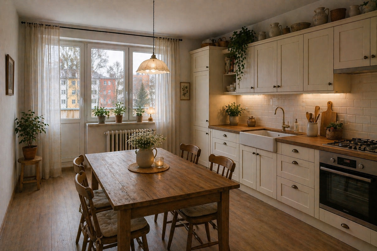 Kuchyně ve stylu cottage core s krémovou linkou, dřevěnou deskou a rustikálním jídelním stolem.