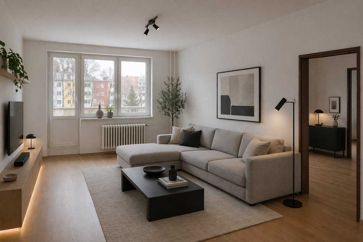 Minimalistický obývací pokoj se světlou rohovou sedačkou, černým stolkem a jednoduchými doplňky.