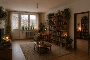 Obývací pokoj proměněný v domácí knihovnu s vysokými regály, křeslem a tlumeným osvětlením.