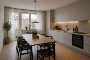 Moderní kuchyně s hladkými šedými skříňkami, dřevěným stolem a černými židlemi.