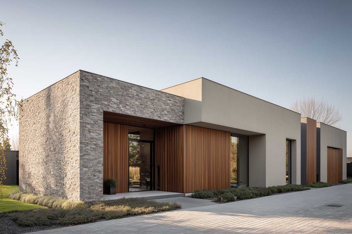 Fasáda může mít podobu přesně podle představ investora – od moderních keramických ploch po přírodní kamenné akcenty.