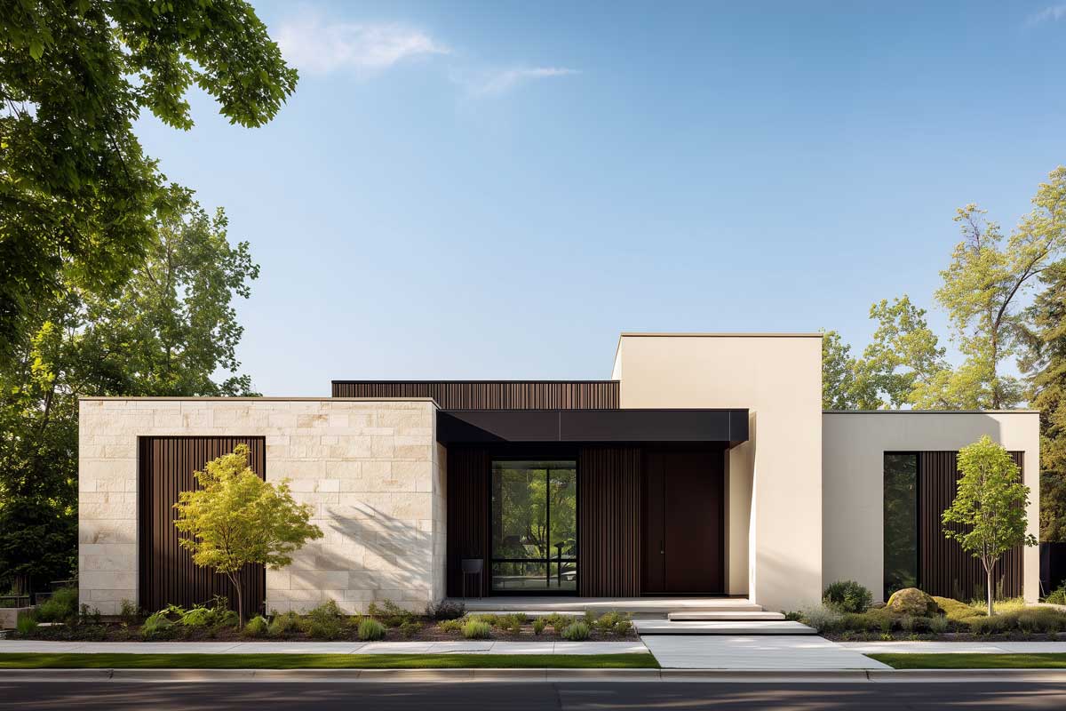 Fasáda může mít podobu přesně podle představ investora – od moderních keramických ploch po přírodní kamenné akcenty.