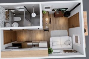 Pohled shora na obytnou část tiny house s chytrým rozvržením jednotlivých zón.