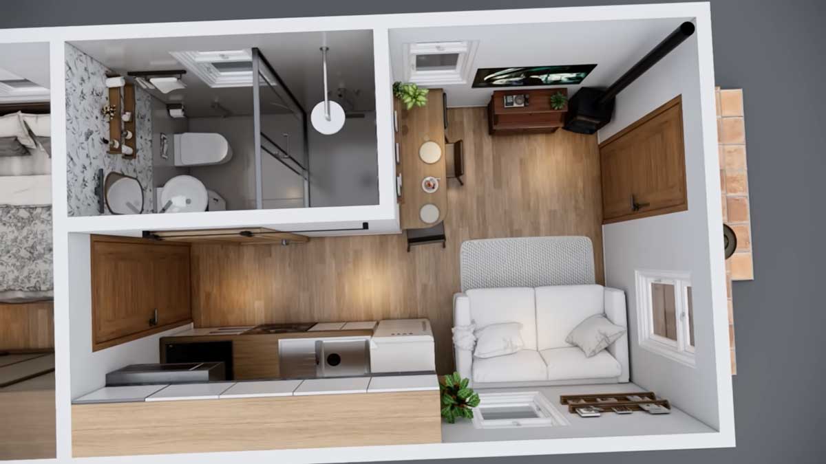 Pohled shora na obytnou část tiny house s chytrým rozvržením jednotlivých zón.