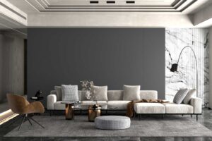 Moderní pohovka s čistými liniemi a neutrální barevností vytváří klidný a luxusně působící základ obývacího prostoru