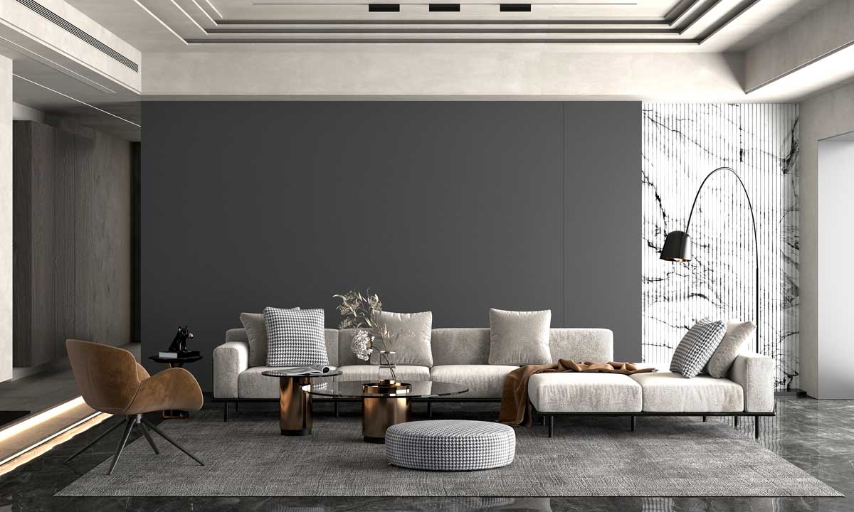 Moderní pohovka s čistými liniemi a neutrální barevností vytváří klidný a luxusně působící základ obývacího prostoru