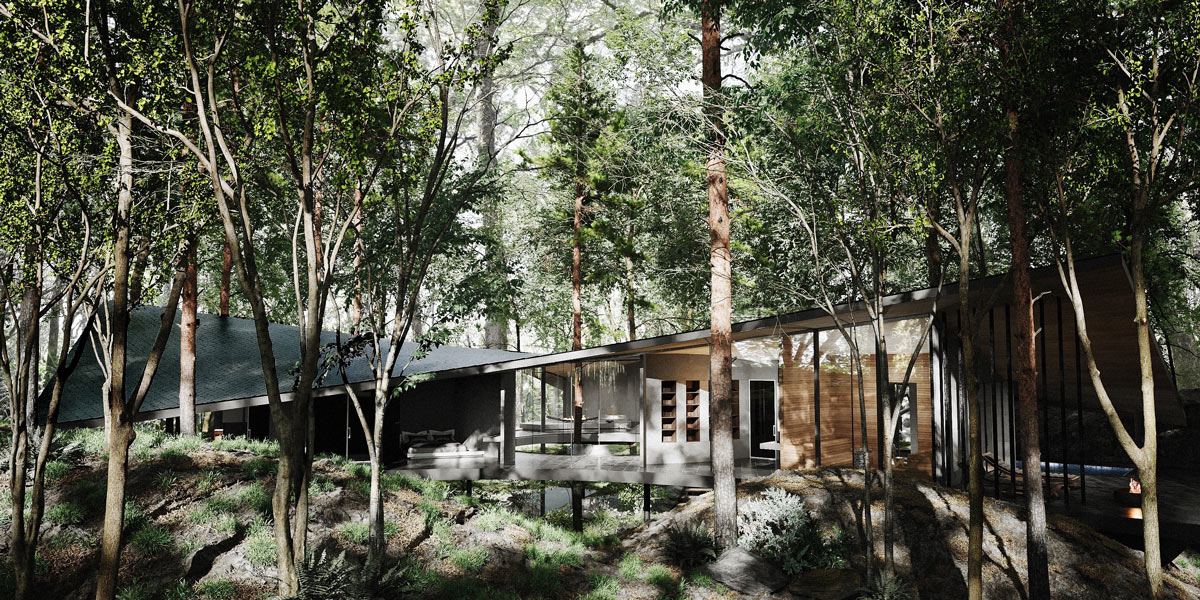 Moderní rezidence Forest Within je rozprostřena mezi stromy a díky subtilní konstrukci citlivě kopíruje lesní terén.