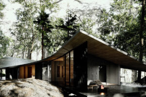 Výrazná střešní linie chrání prosklené fasády a propojuje jednotlivé části domu ukrytého mezi stromy.