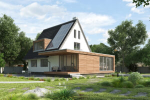 Moderní dům se solárními panely a dřevěnými prvky představuje spojení designu a udržitelného bydlení.