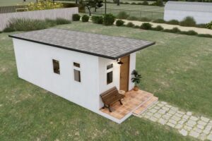 Pohled shora na tiny house a jeho umístění na pozemku.