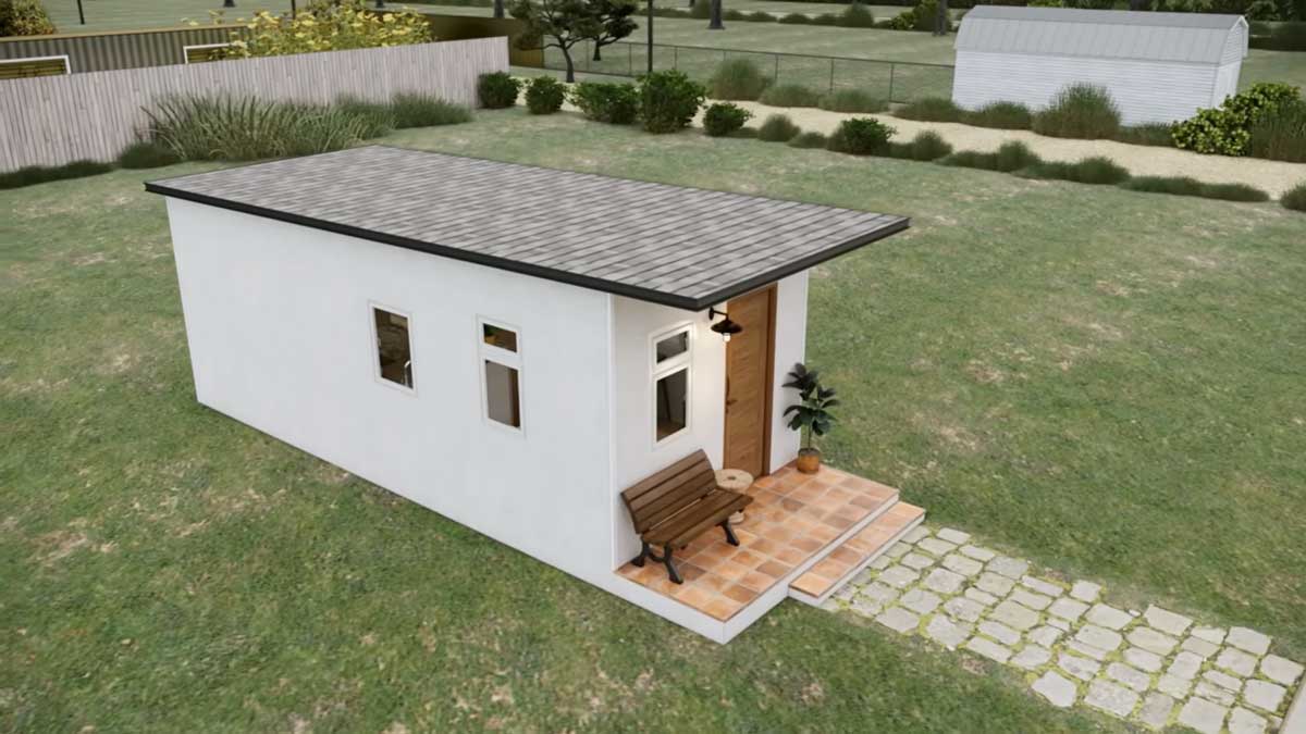 Pohled shora na tiny house a jeho umístění na pozemku.