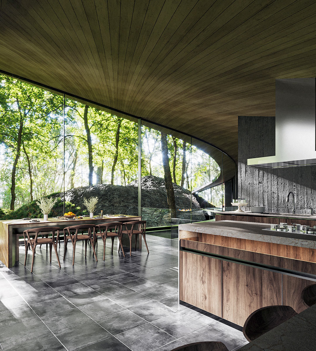 Otevřená kuchyně s jídelnou využívá panoramatické prosklení, které mění les v přirozenou kulisu interiéru.