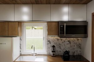 Detail kuchyňské linky s horními skříňkami a úložným prostorem až ke stropu.