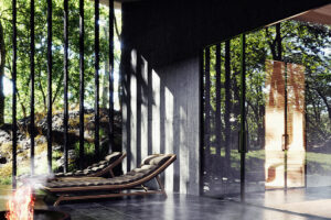 Relaxační zóna s lehátky navazuje na wellness část domu a pracuje se světlem filtrovaným přes stromy.