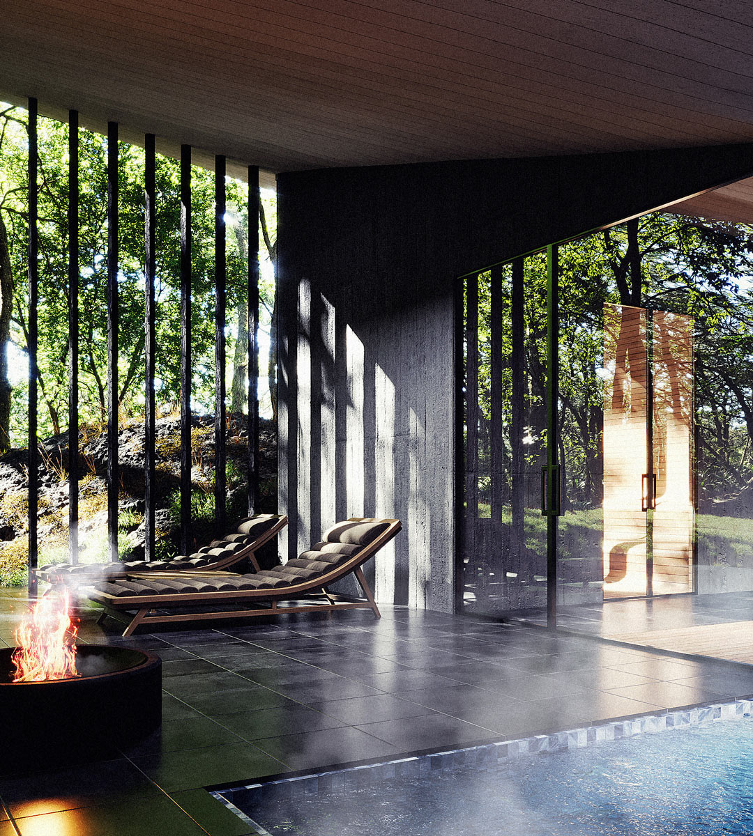 Relaxační zóna s lehátky navazuje na wellness část domu a pracuje se světlem filtrovaným přes stromy.