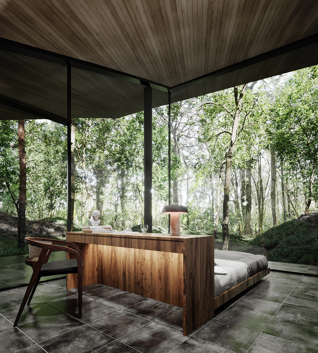 Ložnice s celoprosklenými stěnami otevírá interiér do korun stromů a nechává přírodu vstoupit dovnitř.