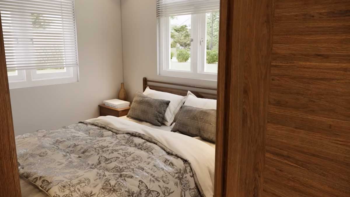 Útulná ložnice v tiny house s manželskou postelí a přírodními tóny dřeva.