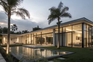 Luxusní vila s velkými skleněnými stěnami a bazénem v tropické zahradě jako příklad designového bydlení.