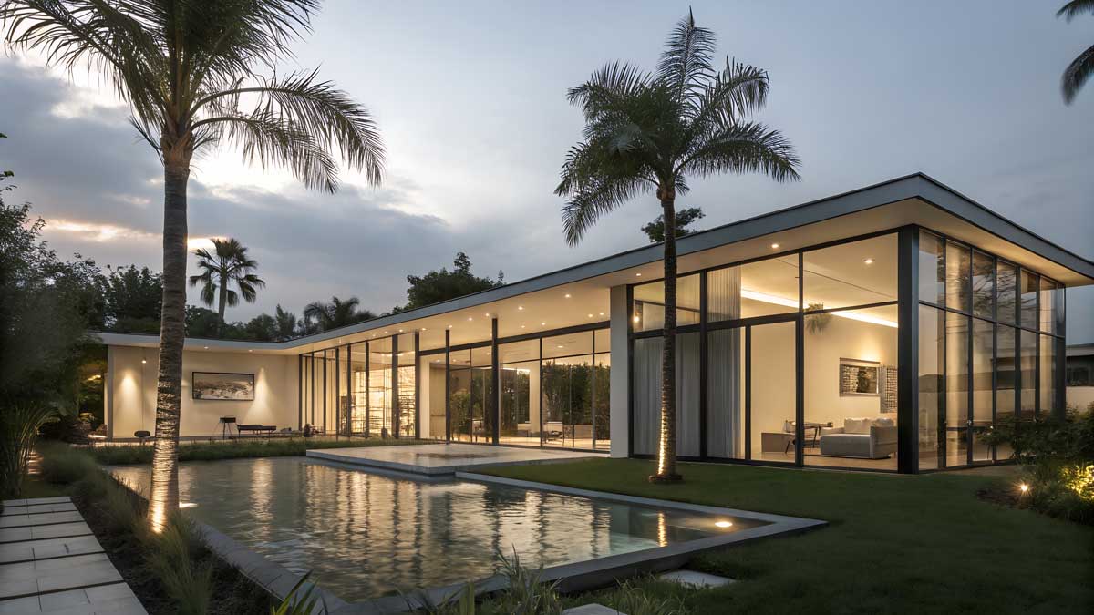 Luxusní vila s velkými skleněnými stěnami a bazénem v tropické zahradě jako příklad designového bydlení.